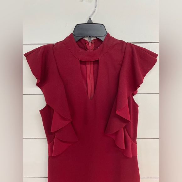 She + Sky Red Wine Dress Flair Ruffle Sleeves - Picture 3 of 7